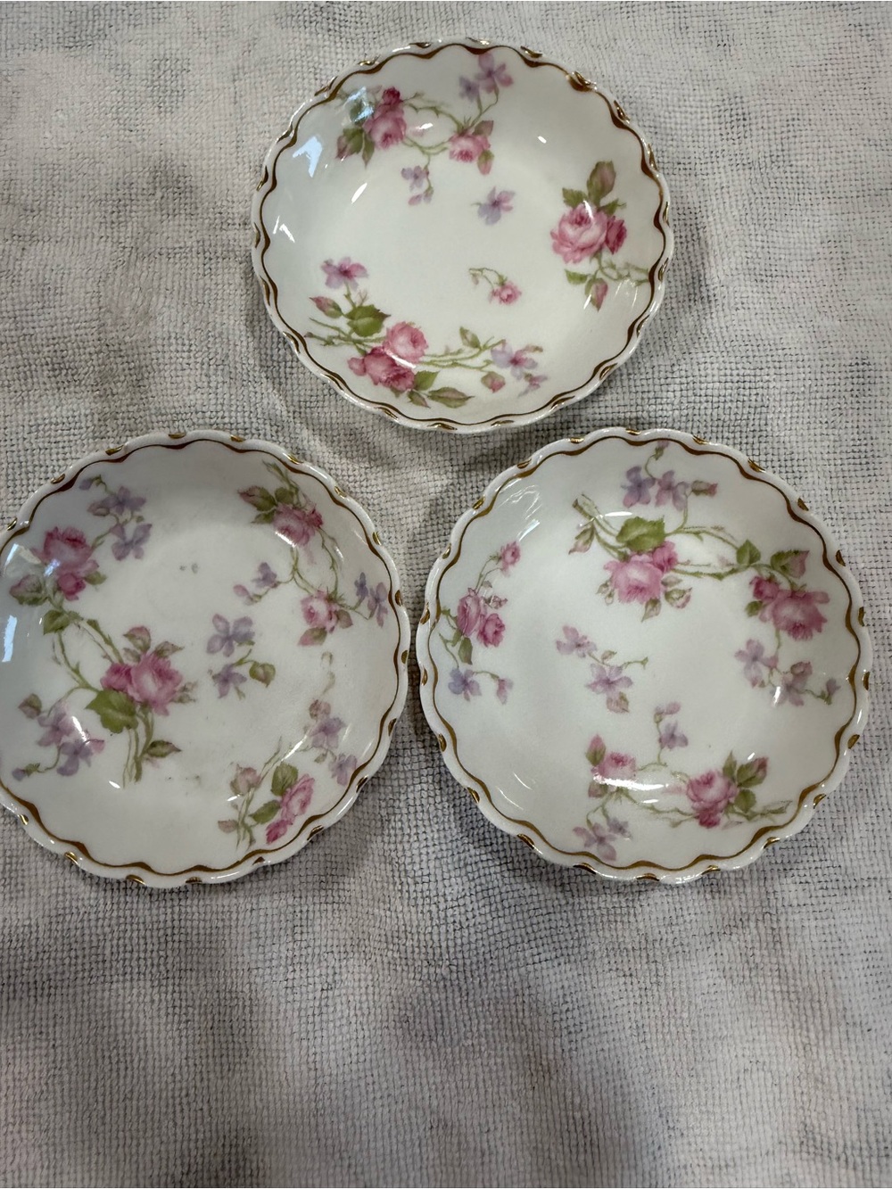 Haviland Porcelain Rose and Violet Scalloped Dishes with Gold Trim